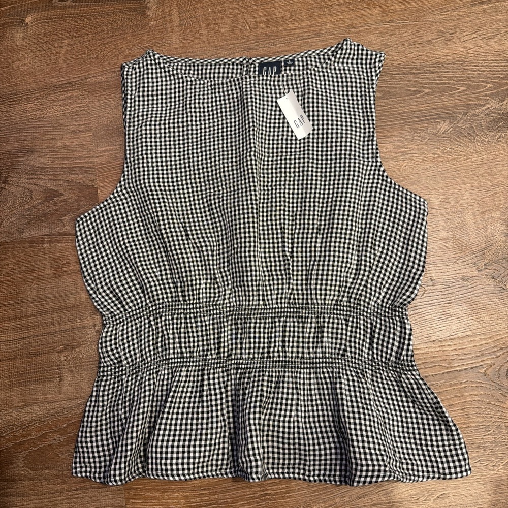 Gap Gingham Smocked Peplum Top Womens L Black White Sleeveless 880553-00